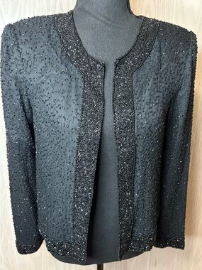 Vintage Beaded sequin Silk Jacket Small Black